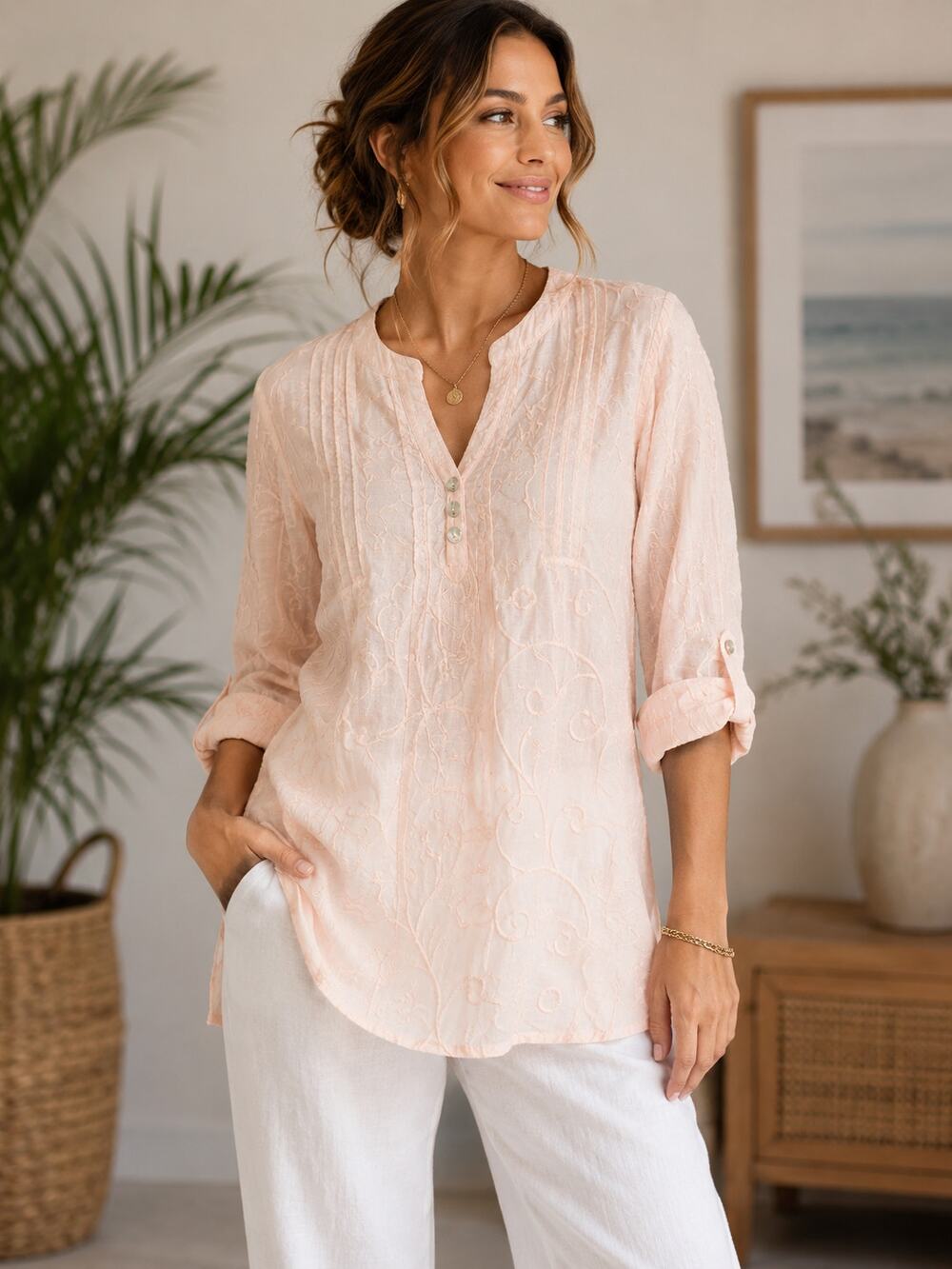 St. Tropez 100% Linen Embroidered Tunic Top M Blush Pink Roll Tab Sleeves Boho